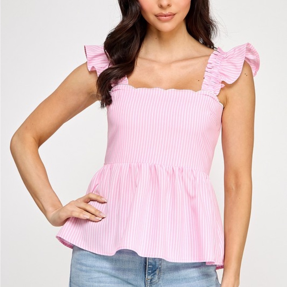 #045 Pink Striped Ruffle Top